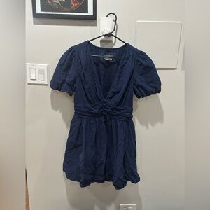 Anthropologie Corduroy Navy Dress Button Detail Puff Sleeve Size Medium